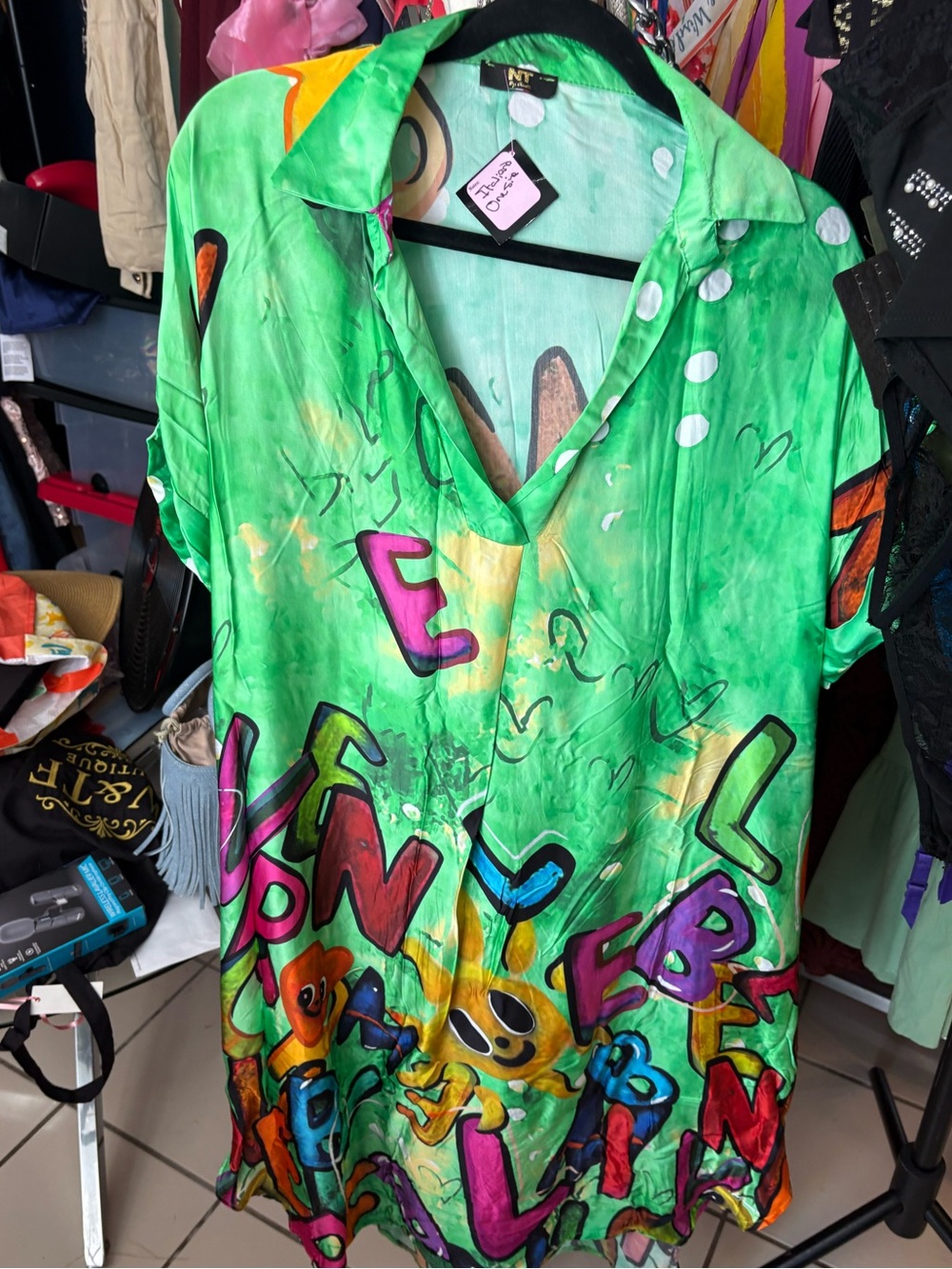 Italian Vibrant Green Graphic V-Neck Tunic Dress. One Size.